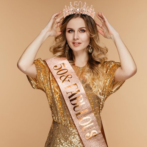 TOBATOBA 50th Birthday Decorations for Women, 50th Birthday Crown + 50 & Fabulous Birthday Sash Set, Rose Gold 50th Birthday Gifts for Her Cool Gifts for 50th Birthday Party Decorations