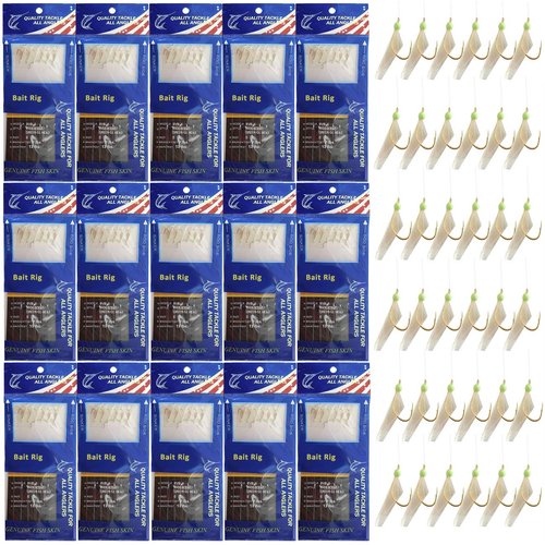 Fishing Bait Rigs Set 15 Packs Saltwater Fishing Lures Rigs with Sharp Hooks Real Fish Skin Beach Pier Sea Surf Fishing Rigs Cod Herring Lure Hook Rigs Type B 8#