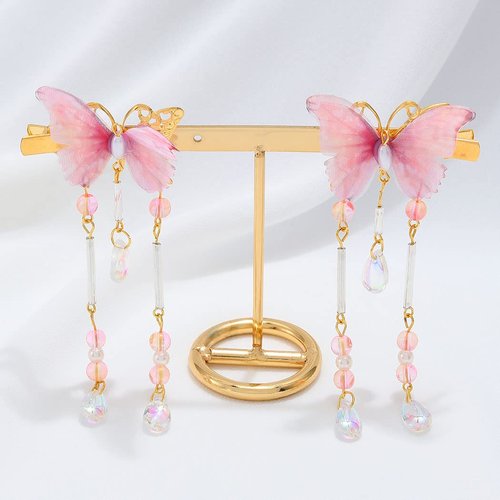 Bartosi Butterfly Hair Clips Pink Butterfly Hair Barrettes Bride Wedding Hair Pins Tassel Bridal Hair Accessories for Women and Girls (Pack of 2)