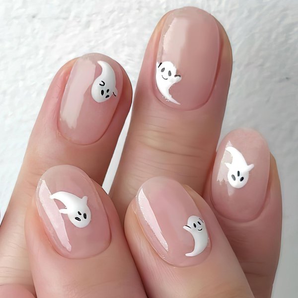 Jremg Halloween Press on Nails Short Almond Fake Nails Glossy Nude Pink Full Cover False Nails Cute White Ghost Glue on Nails Oval Halloween Small Spooky Artificial Acrylic Nails for Women Girls 24Pcs