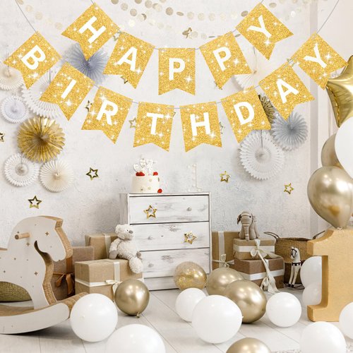 Gold Glitter Happy Birthday Banner Birthday Sign for Backdrop Gold Happy Birthday Decorations for Women Men Golden Birthday Party Supplies Wall Door Garland Bunting Banner