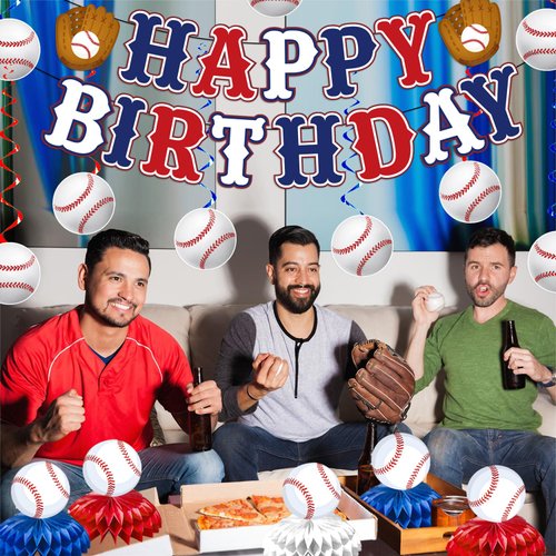 Baseball Birthday Party Decorations, Baseball Themed Party Decorations Include Happy Birthday Banner Baseball Hanging Swirls and Honeycomb Centerpiece Baseball Party Supplies