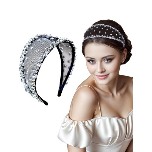 HNYYX Sparkly Rhinestone Headband for Women, Crystal Baroque Mesh Hair Band, Wedding Party Hair Accessories for Bridal, Non-slip Wide Headpieces (silver)