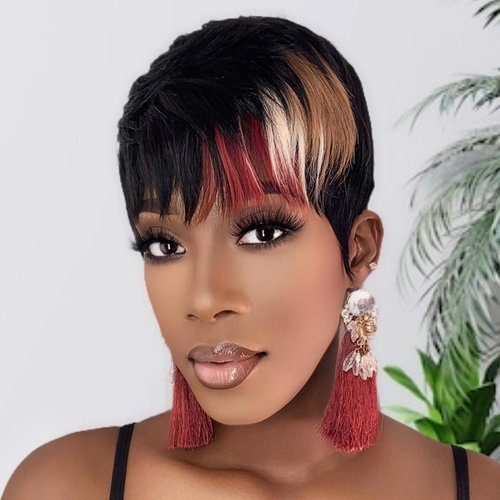 SAEIALL Pixie Cut Wig for Black Women Human Hair Multi-color Pixie Wig with Bangs Brazilian Virgin Human Hair Short Wigs for Black Women Layered Wigs For Women Full Machine Made Wigs (1B/30/613)