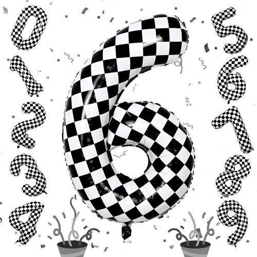 Giant Number Balloons 6, Black and White Checkered Self Inflating 0-9 Set Number Balloon for Kids, 40 Inch Foil Helium Racing 6 Balloon for Boys 6th Birthday Party Race Car Flag Decorations Supplies