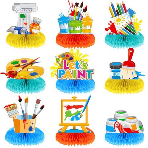 Gersoniel 9 Pieces Paint Party Decorations Art Honeycomb Centerpiece Paint Splatter Party Supplies for Art Painting Theme Birthday Party Baby Shower Decorations