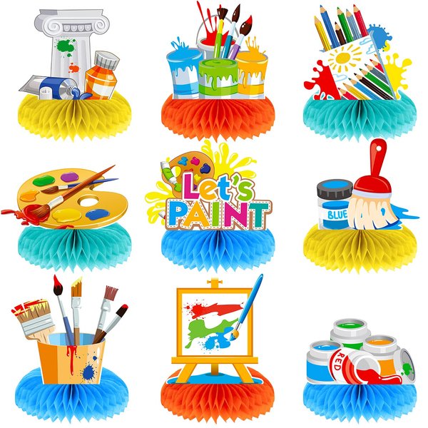 Gersoniel 9 Pieces Paint Party Decorations Art Honeycomb Centerpiece Paint Splatter Party Supplies for Art Painting Theme Birthday Party Baby Shower Decorations