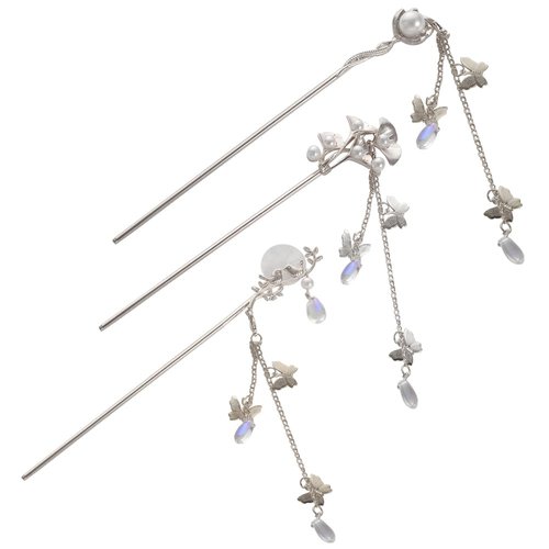 Pokinge 3pcs Pearl Tassel Butterfly Hair Stick White Bridal Headdress Hair Fork Metal Hair Accessories Pearl Hair Sticks Hairpin for Women