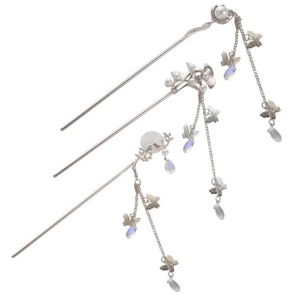Pokinge 3pcs Pearl Tassel Butterfly Hair Stick White Bridal Headdress Hair Fork Metal Hair Accessories Pearl Hair Sticks Hairpin for Women