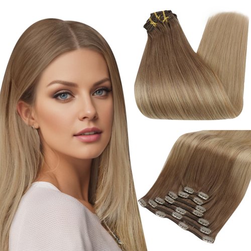 Full Shine Golden Brown Ombre Clip in Hair Extensions to Dirty Blonde Real Human Hair Extensions Clip ins for Long Hair Natural Hair Extensions Clip ins 7Pcs 120 Grams 20 Inch