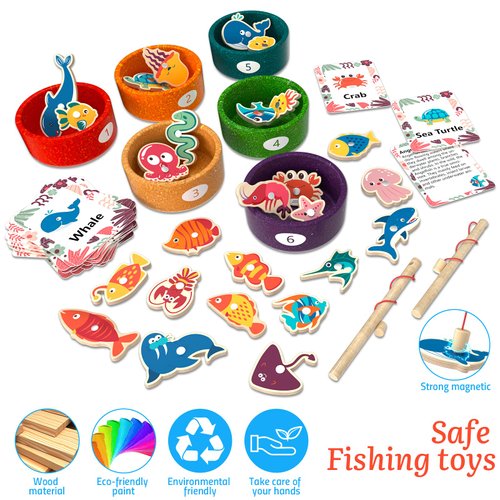 LKyoxs Montessori Toy Wooden Sorting Cup&Fishing Game 3-in-1 Colors Shapes Sorting Matching Letter Game Learning Toys for Toddlers 1-3 Year Old