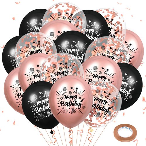 Rose Gold Birthday Balloons Party Decorations for Women Girls 18Pcs Rose Gold Black Happy Birthday Balloons 12 Inch Confetti Latex Sweet Birthday Balloons for Birthday Anniversary Party Supplies