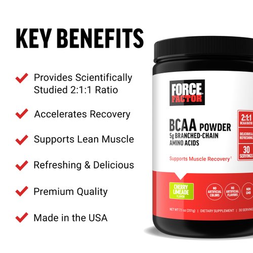 Force Factor BCAA Amino Acids Supplement 2:1:1, Delicious and Refreshing BCAA Powder to Support Muscle Recovery and Performance, No Artificial Colors or Flavors, Cherry Limeade, 30 Servings