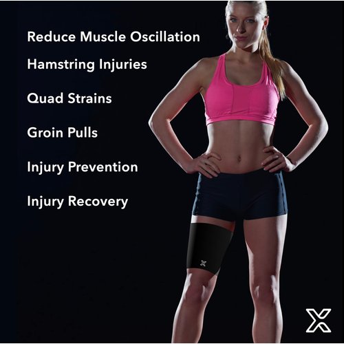 Body Helix Thigh Compression Sleeve for Men and Women - Hamstring Strain, Quadriceps Strain, Groin Strain, Prevention - Medical Grade Compression Thigh Support (Black, Medium)