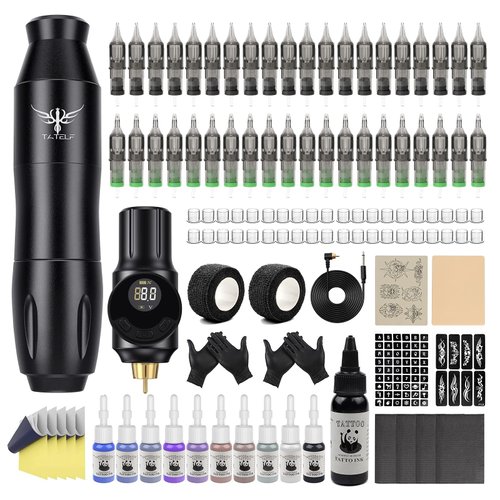 TATELF Tattoo kit Wireless Tattoo Machine Gun Starter Kit Rotary Tattoo Pen Machine 40pcs Cartridges Needle 2000mAh Tattoo Battery Pack for Beginners Tattoo Artists（Black)