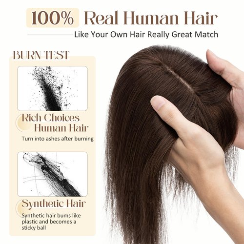 Rich Choices 120% Density Silk Base Top Hairpiece 100% Human Hair Clip In On Hair Topper With Bangs Hand-made Top Hair Piece Middle Part With Thinning Hair #2 Dark Brown 16'' 48g