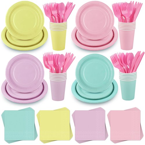durony 192 Pcs Pastel Party Supplies Paper Plates Cups Napkins Macaron Color Pink Cutlery Plastic Forks Knives Spoons Disposable Tableware for Birthday Baby Shower Wedding Decorations Serve 24 Guests