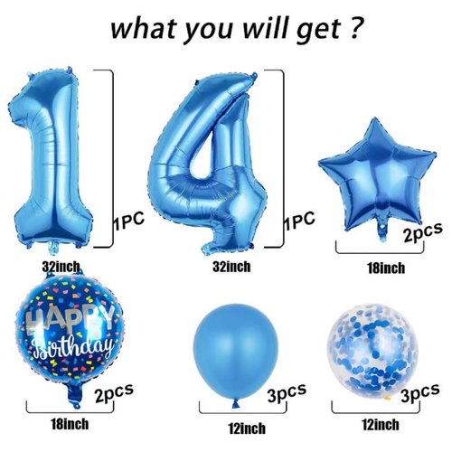 Balloons, 11 pcs Foil Balloons 14 Year Old for 14th Birthday Party Supplies Decoration， Confetti Balloon Kids Party Balloons Birthday Party Supplies 14 Years Old Birthday Balloon for Kids (14th, Blue)