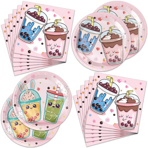 40Pcs Bubble Tea Party Supplies 20 Plates + 20 Napkin Bubble Tea Birthday Party Decorations (Bubble Tea)