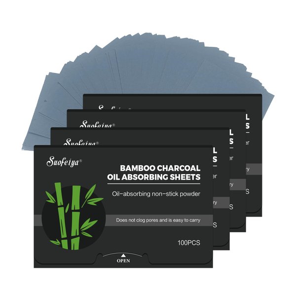 SUOFEIYA Natural Bamboo Charcoal Oil Absorbing Tissues - 4pk/400 Oil Blotting Sheets For Face, Oil Control Film, Oil Absorbing Sheets, Makeup Friendly