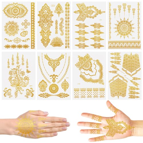 8 Sheets Gold Henna Tattoo Stickers Temporary Henna Tattoos for Hand Arms Fingers Body Art Stickers for Women