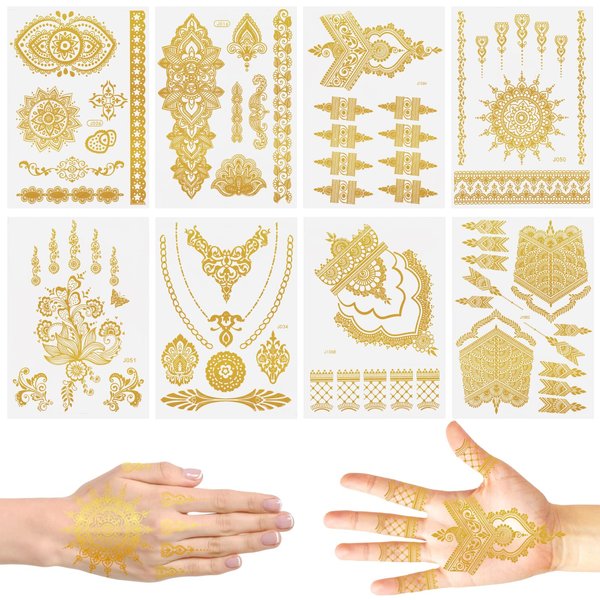 8 Sheets Gold Henna Tattoo Stickers Temporary Henna Tattoos for Hand Arms Fingers Body Art Stickers for Women