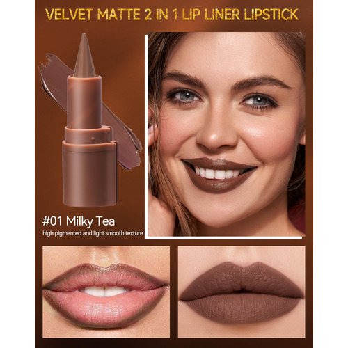 2 in 1 Lip Liner Lipstick,Milky Tea Nude Brown Lip Liner Lip Gloss,Velvet Matte Sharpened Head Lip Tint Stain,Long Lasting Waterproof,High Pigmented Non-sticky Tinted Lip Balm,Lip Makeup for Women-01
