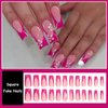 MISUD Press on Nails Long Square Fake Nails Glossy Glue on Nails Hot Pink French Tip Acrylic Nails Squoval Artificial Nails Summer Flower Stick on False Nails with Design 24 pcs