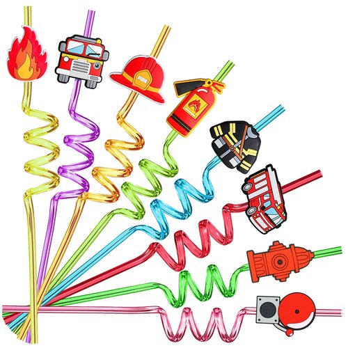 GREAWOD 24 PCS Fire Truck Party Favors Drinking Straws for Fire Truck Birthday Party Supplies,Suitable for fire truck themed party With 2 Pieces Straw Cleaning Brushes(8 color)