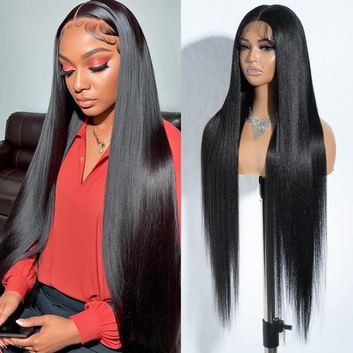 Joedir 34&quot; Long Yaki Straight Lace Front Synthetic Wigs Middle Part HD Transparent Glueless Lace ...