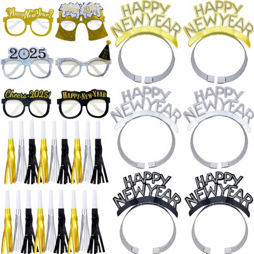 LCPQMZGH 30 Pcs New Year Eve Party Supplies 2025, Include 18 Metallic Fringed Noise Makers, 6 New Year Eyeglasses, 6 Happy New Year Headbands