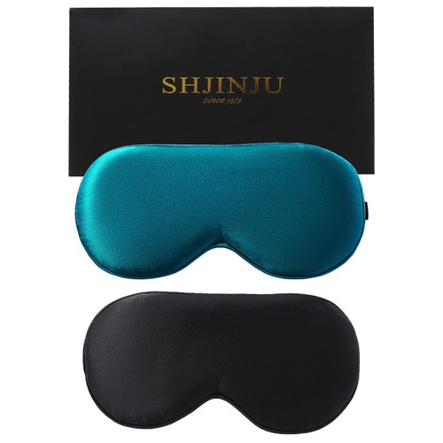 2-Pack 100% Real Natural Silk Eye Mask, Silk Sleeping Mask, Shade Puffy Eye Gift with Adjustable Straps, Sleep Eye Mask, SHJINJU Eye Mask Shade (Black and Lake Blue)