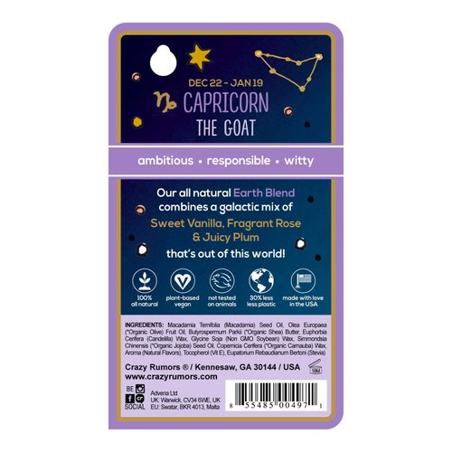 Crazy Rumors Capricorn Zodiac All Natural, Plant Based Lip Balm to Moisturize and Nourish your Lips - Earth Blend (Sweet Vanilla, Fragrant Rose and Plum)