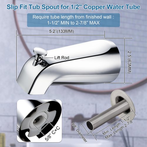 Dreyoo Tub Spout Kit Compatible with American Standard 8888026.002, Slip On Diverter Tub Spout Replacement with Metal Cover Ring and Foam Gasket, Fits 1/2'' Copper Water Tube (Polished Chrome)