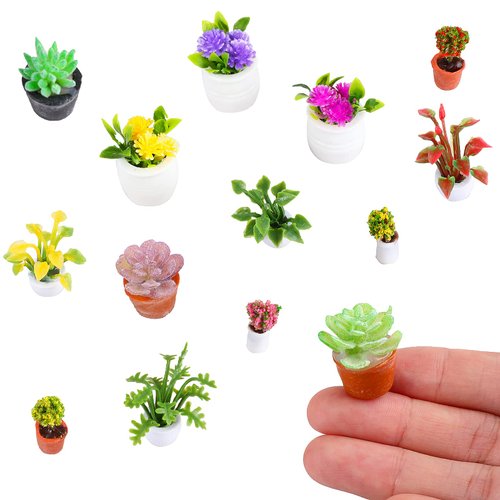 25 Pieces Dollhouse Potted Plants Miniature Artificial Plant Tiny Bonsai Model Mini Flowerpot Fake Succulent Doll House Mini Plant Model Figure for 1:12 Dollhouse Decor Mini Garden (Cute Style)