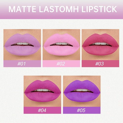 evpct 5Pcs Lavender Baby Pink Rose red Violet Plum purple Matte Liquid Lipstick Lip Stain Sets for Women Matte+Lipstick Long Lasting 24 hr Hours Magic Lipstick 24 Hours original Waterproof Set01