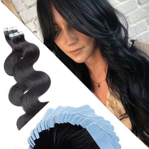 22 Inch Remy Tape in Hair Extensions Wavy Human Hair #1B Body Wave 20pcs 50g Hair Seamless Skin Weft Glue in Human Hairpieces with Invisible Double Sided Tape Natural Black