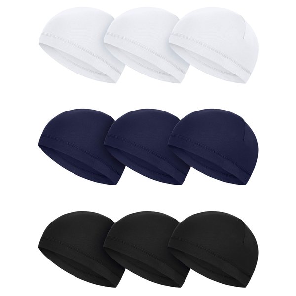 SATINIOR 9 Pieces Skull Caps Helmet Liner Running Hats Sweat Wicking Hats Cycling Caps for Men Women (Navy Blue, White, Black)