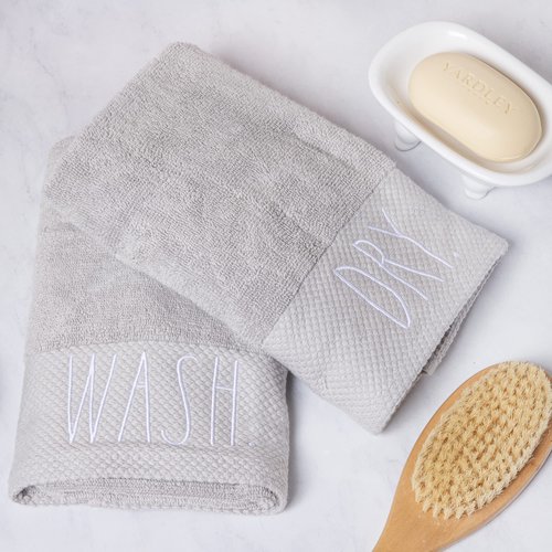Rae Dunn Hand Towels, Embroidered Decorative Hand Towel for Kitchen and Bathroom, 100% Cotton, Highly Absorbent, Two Pack, 16x28, Embroidered WASH/Dry