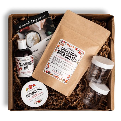Better Shea Butter Body Butter Making Kit - DIY Kits for Adults (Raw Shea Butter, Almond Oil, Coconut Oil, 2 Jars) & Recipe Card with Link to Video Tutorial - Natural Whipped Body Lotion Making Kit