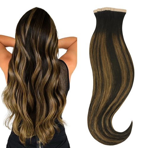 HOTBANANA Tape in Hair Extensions, 22 Inch 20pcs 50g Balayage Natural Black to Chestnut Brown Tape in Hair Extensions Human Hair Tape Hair Extensions Straight Remy Human Hair Tape in Extensions