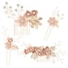BOWINR 4 Pcs Wedding Hair Comb Pearl Crystal Bride Rose Gold Hair Accessories Hair Side Comb Clips Flower Rhinestone Head Pieces for Bridesmaid Women and Girls