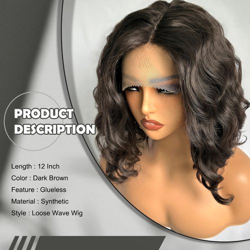 SOKU Short Bob Lace Front Wigs Synthetic 12 Inch Loose Wave Lace Front Wigs Middle Part Dark Brown Curly Wigs for Black Women Transparent T-part Lace