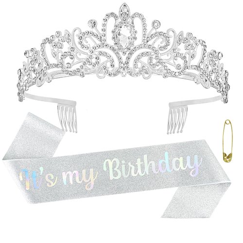 ACO-UINT Silver Birthday Crown for Women, Birthday Headband Birthday Sash Birthday Tiara, Birthday Girl Crown Birthday Queen Tiara Birthday Decorations Gifts
