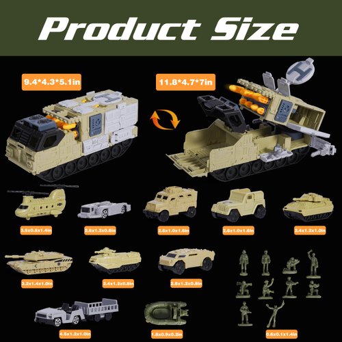 XDUOYJOY Military Tank Toy Sets with Launchable Missiles, Army Toys with 9 Vehicles, Helicopter Trucks Army Men Action Figures, Birthday Gift for Boys Age 4-7