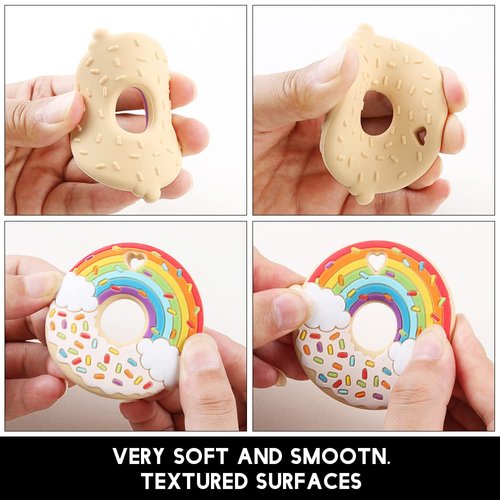 AmazingM Baby Food Grade Silicone Teether Toy with Pacifier Clip Holder,Teething Pain Relief Toys Gift Set for 3 Months+ Boys and Girls,Freezer Safe,BPA Free (Rainbow Donut)