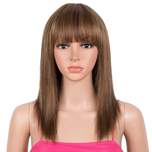 Rebecca Fashion 14 Inch Ombre Brown Straight Wigs with Bangs Human Hair Wigs for Black Women None Lace Front Wigs 10A Brazilian Virgin Hair Glueless Machine Made Wig Highlight Brown Blonde Color