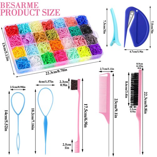 BESARME 28 Colors Rubber Bands for Hair with 7 Hair Styling Tools, 2100 Pcs Colorful Elastic Hair Ties Ponytail Holders Hair Accessories for Girls Baby Toddler Christmas Gifts