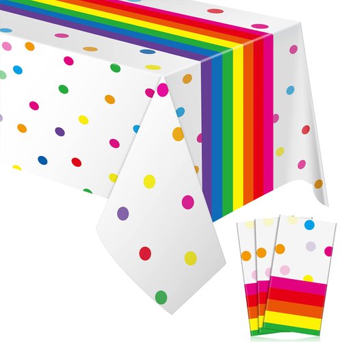 Irenare Rainbow Tablecloth Polka Dot Plastic Tablecloth Rainbow Party Supplies for Kid Party, Happy Birthday, Decorations Supplies, 54 x 108 Inch (3 Pcs)