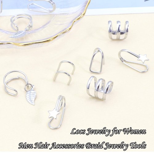 NAISKA 15PCS Hair Jewelry for Braids Star Dreadlock Accessories Metal Braid Charms Clips Non-Piercing Ear Cuffs Locs Jewelry for Women Men Hair Accessories(Silver)